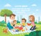Vector portrait of happy family of 4 four members on picnic on blanket