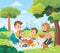 Vector portrait of happy family of 4 four members relaxing on picnic on blanket