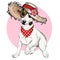 Vector portrait of Jack Russel terrier dog wearing straw hat, flower and polka dot bandana. Summer fashion illustration