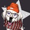 Vector portrait of labrador retriever dog wearing beanie, glasses and scarf. on star, snow. Skecthed color