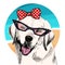 Vector portrait of Labrador retriever dog wearing sunglasses, retro bow. Summer fashion illustration. Vacation, sea