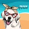 Vector portrait of Labrador retriever dog wears sunglasses, retro bandana. Summer fashion illustration. Sea, beach