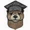 Vector portrait of otter. Square academic cap, graduate cap, cap, mortarboard. Head of wild animal.