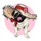 Vector portrait of pug dog wearing straw hat, flower and polka dot bandana. Summer fashion cartoon illustration. Hand