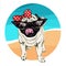 Vector portrait of pug dog wearing sunglasses and retro bow. Summer fashion illustration. Vacation, sea, beach, ocean