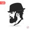 Vector portrait of serious bearded man wearing hat looking away.