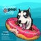 Vector portrait of Siberian husky dog swimming in water. Donut float. Summer pool paty illustration. Sea, ocean, beach