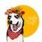 Vector portrait of Siberian husky dog wearing autumn leaves crown. Hello fall illustration. Oak, maple, chestnut, rowen