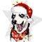 Vector portrait of Siberian Husky dog wearing santa hat Christmas lights garland. Isolated on star and snow. Skecthed