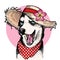 Vector portrait of Siberian husky dog wearing straw hat, flower and polka dot bandana. Summer fashion illustration. Hand