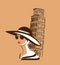 Vector portrait of tourist woman wearing fashion hat and sunglasses by leaning tower of pisa