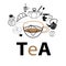 Vector postcard graphics of tea and pastries