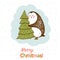 Vector postcard with a penguin hugging christmas tree