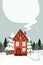 Vector postcard with a winter landscape with a Christmas cozy house in a snowy forest, a nearby mailbox and smoke from a