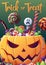 Vector poster of pumpkin with sweets. Halloween pumpkin, lollipop and candy. Postcard for the holiday. Happy Halloween