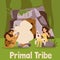 Vector poster with scene from life of ancient primitive stone age cave family.