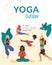 Vector poster template with women taking such yoga poses as navasana - boat pose, bhujangasana - cobra pose, virabhadrasana -
