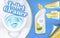 Vector poster of toilet cleaner ads, flushing water with detergent, top view in 3d illustration. Cleaning concept