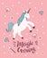 Vector poster with unicorn, magic wand and crystal on the pink background.