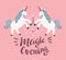 Vector poster with unicorns on the pink background. Fantasy childish card design.