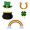 Vector pot of gold, leprechaun hat, horseshoe, four leaf clover and rainbow. Set of symbol for St. Patrick`s Day