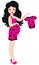 Vector Pregnant Woman in Pink Dress with Ladybug Pattern Holding a Bodysuit.