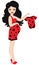Vector Pregnant Woman in Red Dress with Ladybug Pattern Holding a Bodysuit.