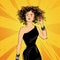 Vector pretty jazz style woman in a black dress with curly hair, comics style fashion illustration.