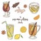 Vector printable illustration with set of cup of citrus drinks. Contains mulled wine, punch, lemonade and grog