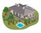 Vector private house and  woman planning to take a jacuzzi in the backyard, isometric, aerial view