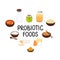Vector probiotic foods. Best sources of probiotics. Beneficial bacteria improve health. Design is for label, brochure