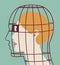 Vector profile portrait of abusive man represented as a birdcage in which a woman is trapped. Conceptual illustration depicting co