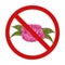 Vector prohibition sign with pink lush flowers. Peonies with leaves in the prohibition sign. Allergy danger. Dont pick flowers.