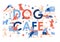 Vector puppies in different poses. Concept dog cafe logo illustration in red, blue color with large lettering