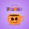 Vector purple greeting card with pumpkin coffee cup. Happy Halloween