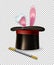 Vector rabbit ears appear from the magic hat and magic wand isolated on transparent background.