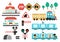 Vector railway transport set. Funny railroad transportation collection with train, steam train, tunnel, road signs, railway