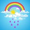 Vector rainbow and clouds with falling rain blue sky