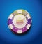 Vector rainbow color glossy casino poker chips, top view. Blue background. Online casino, blackjack poster