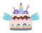 Vector rainbow colored cake with unicorn horn, stars and wings. Fairytale themed birthday dessert. Cute magic candy bar design