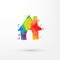 Vector rainbow grungy watercolor home icon inside circle with paint stains and blots, painting of house.