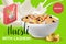 Vector realism style poster, site or banner template with illustration muesli in bowl