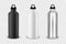 Vector realistic 3d black, white and silver empty glossy metal water bottle with black bung icon set closeup on