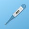 Vector realistic 3d blue celsius electronic medical thermometer for measuring icon closeup on blue background. Clip art