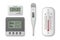 Vector realistic 3d celsius and fahrenheit meteorology, weather, electronic medical and aquarium thermometer icon set