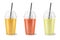 Vector realistic 3d clear plastic disposable transparent cup with pipe set. Fresh orange, tomato and apple smoothie or