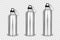 Vector realistic 3d different size - small, medium, large - silver empty glossy metal water bottle with black bung icon