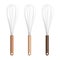 Vector Realistic 3D Metal and Wooden Wire Steel Whisk Icon Set Closeup Isolated. Cooking Utensil, Egg Beater, Culinary