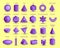 Vector realistic 3D purple geometric shapes isolated on yellow background. Maths geometrical figure form, realistic