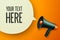 Vector Realistic 3d Simple Black Megaphone with Speech Buble on Orange Background. Design Template, Banner, Web. Speaker